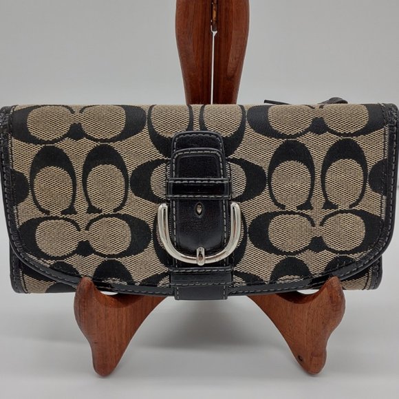 Coach Handbags - Vintage Coach Signature Monogram Canvas Buckled Wallet